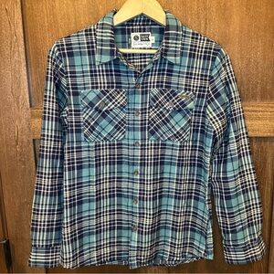 Salty Crew Long Haul Flannel Navy and Teal Plaid Shirt